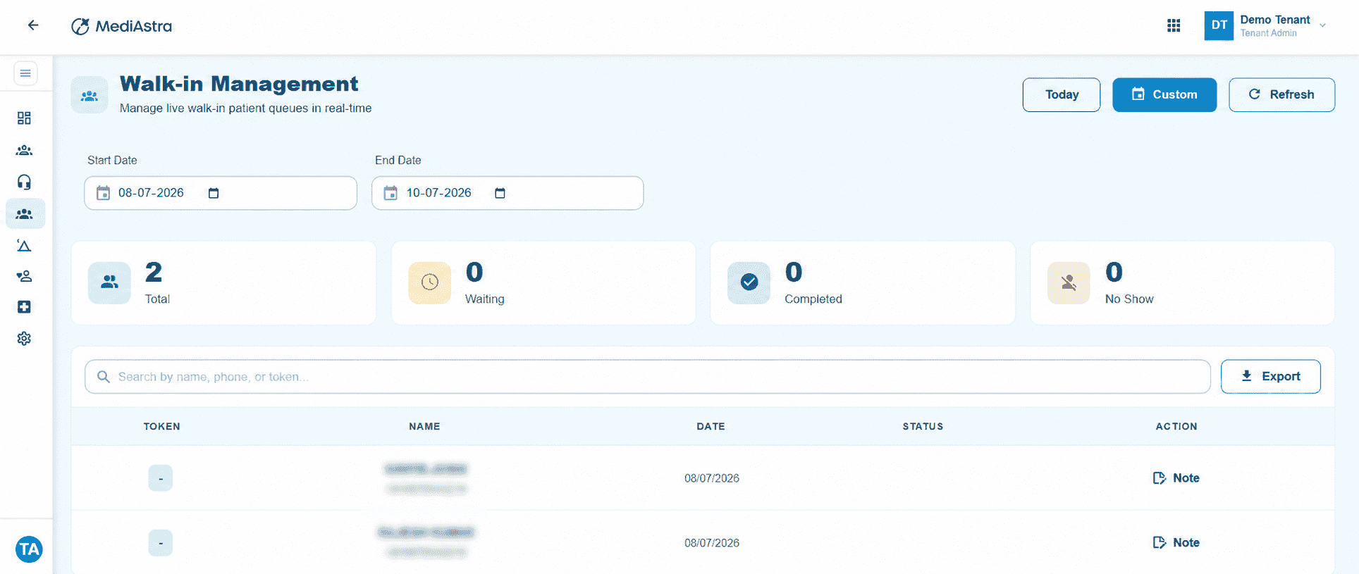 Walk-in management dashboard interface new